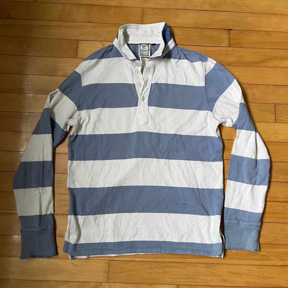 Eden Park Rugby Legend Striped Long Sleeve Polo Shirt Blue White 1920 Patch Mens